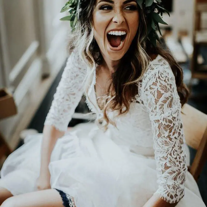 LORIE Boho Wedding Dress 3/4 Long Sleeve A Line White Ivory Chiffon Lace Princess Beach Bride Two Pieces Customized Wedding Gown