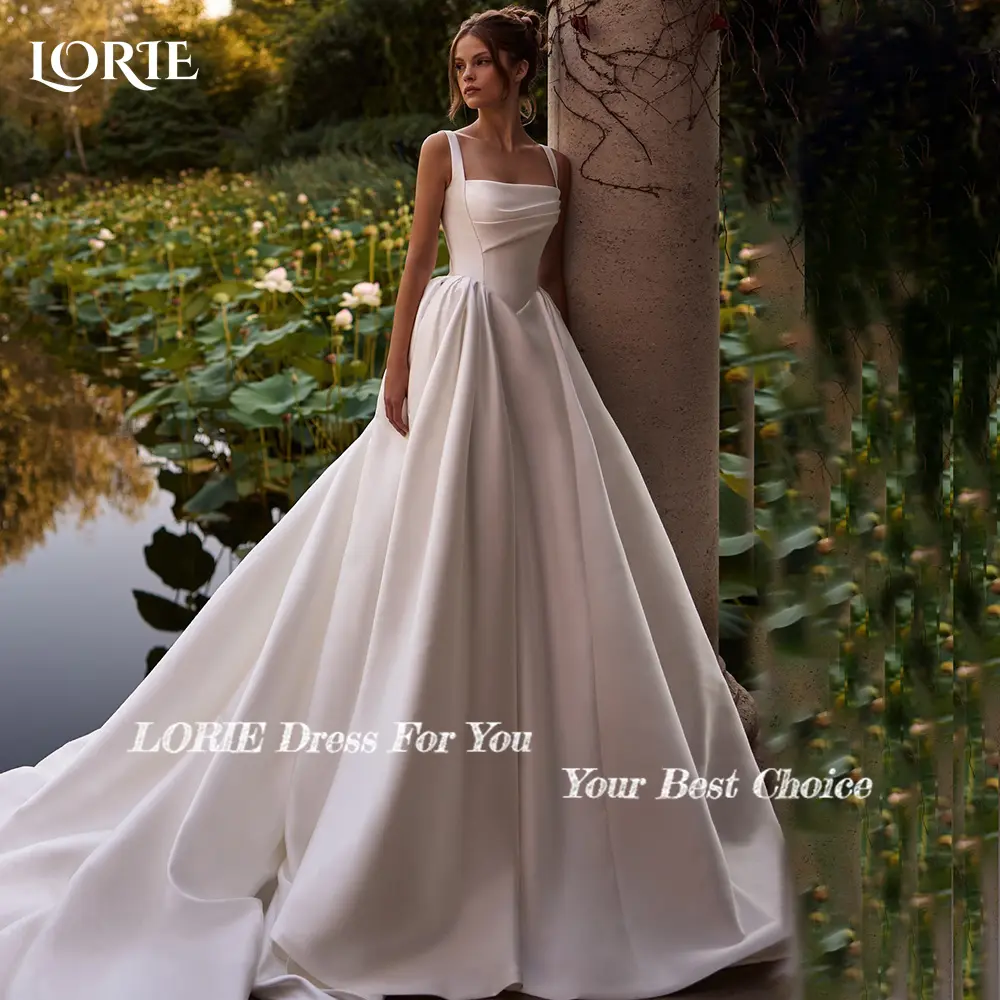 LORIE Elegant Satin Wedding Dresses Square Neck A-Line Beach Bridal Gown Straps Ruffle V Corset Simple Customized Bride Dress