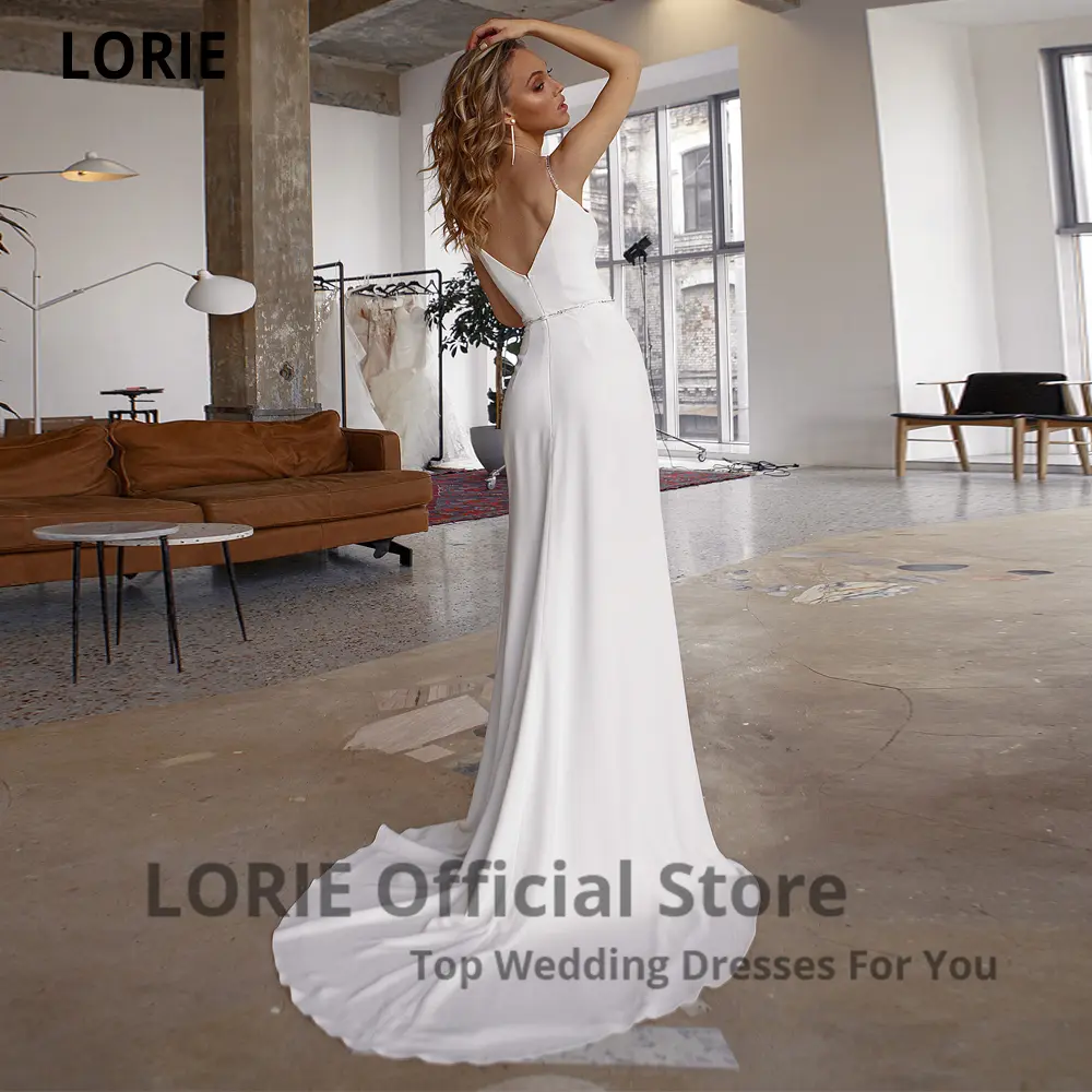 LORIE White Mermaid Wedding Dresses Soft Satin Beach Bridal Gowns V-Neck Spaghetti Straps Luxury Beading Customized Party Gowns