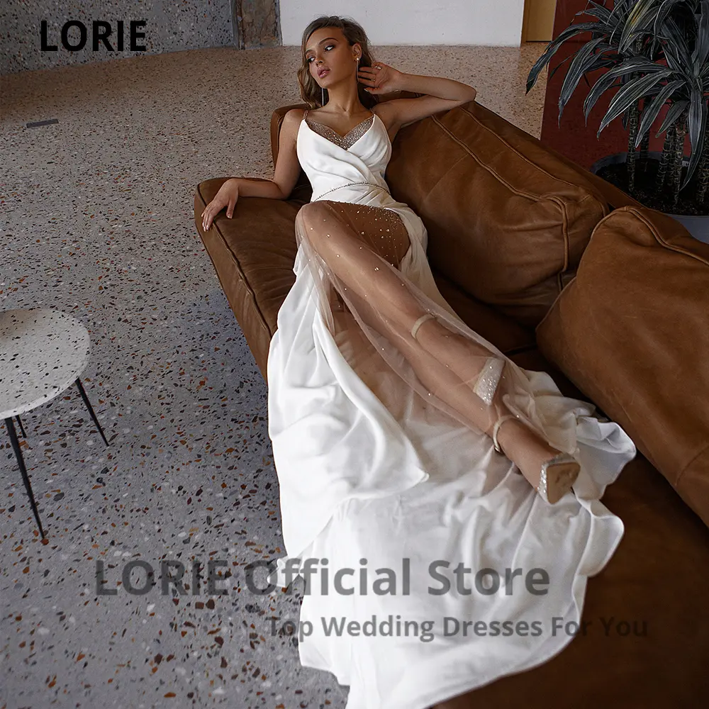 LORIE White Mermaid Wedding Dresses Soft Satin Beach Bridal Gowns V-Neck Spaghetti Straps Luxury Beading Customized Party Gowns