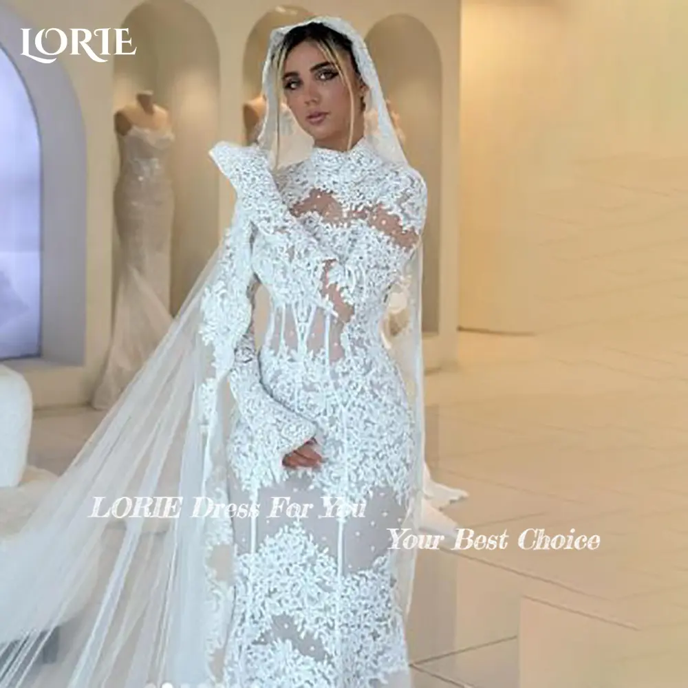 LORIE Lace Wedding Dress High Collar Long Sleeve A-line Appliques Mermaid Bride Gown Elegant Boho Bride Dress vestidos de novia
