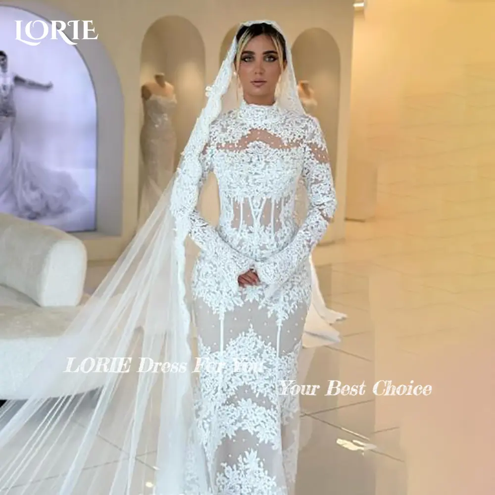 LORIE Lace Wedding Dress High Collar Long Sleeve A-line Appliques Mermaid Bride Gown Elegant Boho Bride Dress vestidos de novia