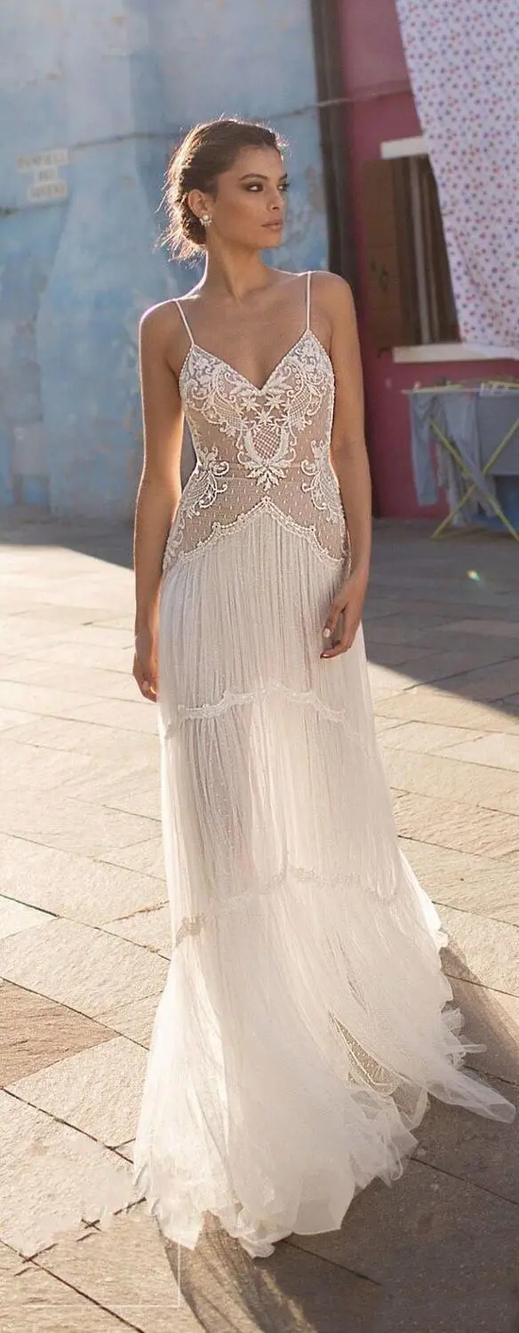 LORIE Bohemia Wedding Dresses Lace V-neck Spaghetti Straps Sleeveless Tulle Beach Bridal Gown Vintage Marriage Gowns Customized