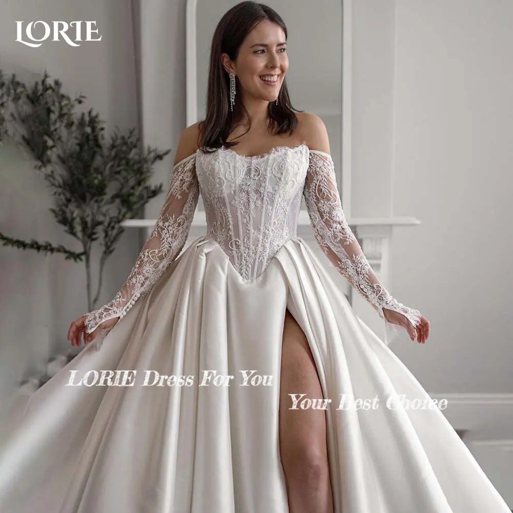 LORIE Lace Wedding Dress Sweetheart Split A-line Bride Gown Long Sleeve Customized Appiques Corset Bride Dress vestidos de novia