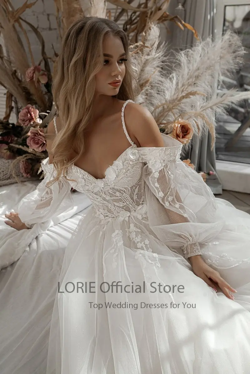 LORIE Glitter Wedding Dresses Puff Sleeve Appliques Lace 3D Flower off Shoulder Tulle Boho Bride Gown Customized vestidosdenovia