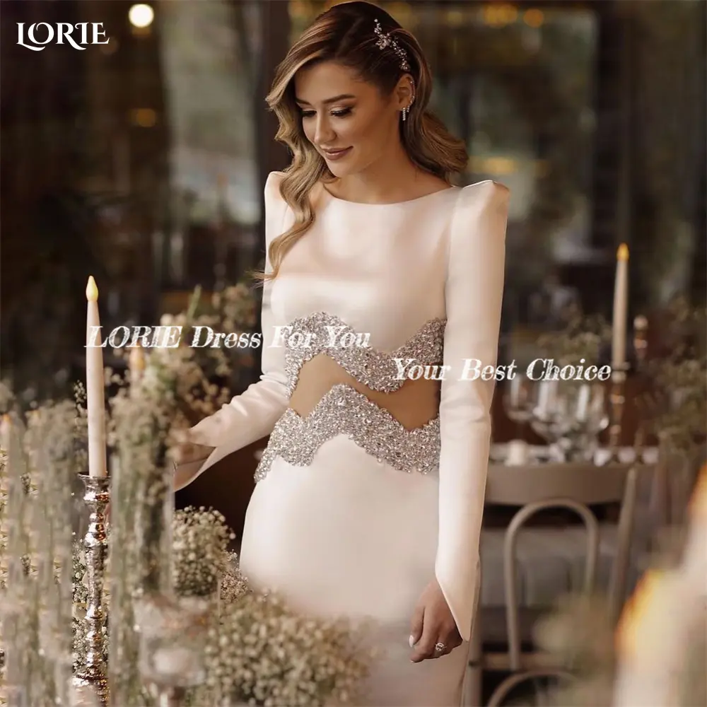 LORIE Luxury Satin Mermaid Wedding Dresses Cap Sleeve Glitter Solid Sexy Evening Bridal Gown Sequin O-Neck Bride DressCustomized
