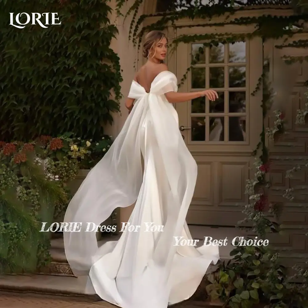 LORIE Lace Beach Wedding Dresses Off Shoulder A-Line Satin Bride Gown Pleats Princess Bridal Dress vestidos de novia Customized