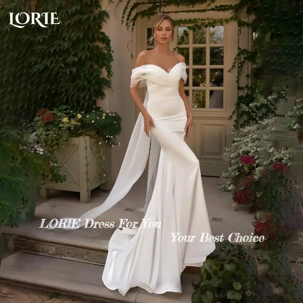 LORIE Lace Beach Wedding Dresses Off Shoulder A-Line Satin Bride Gown Pleats Princess Bridal Dress vestidos de novia Customized