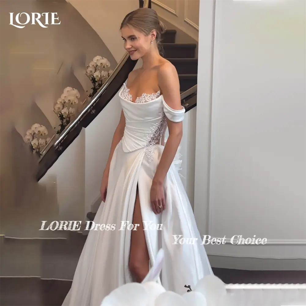 LORIE High Slit Wedding Dress Backless Off-Shoulder Boat Neck Bridal dress Long Ruched lace A-line Bride Wedding Dresses