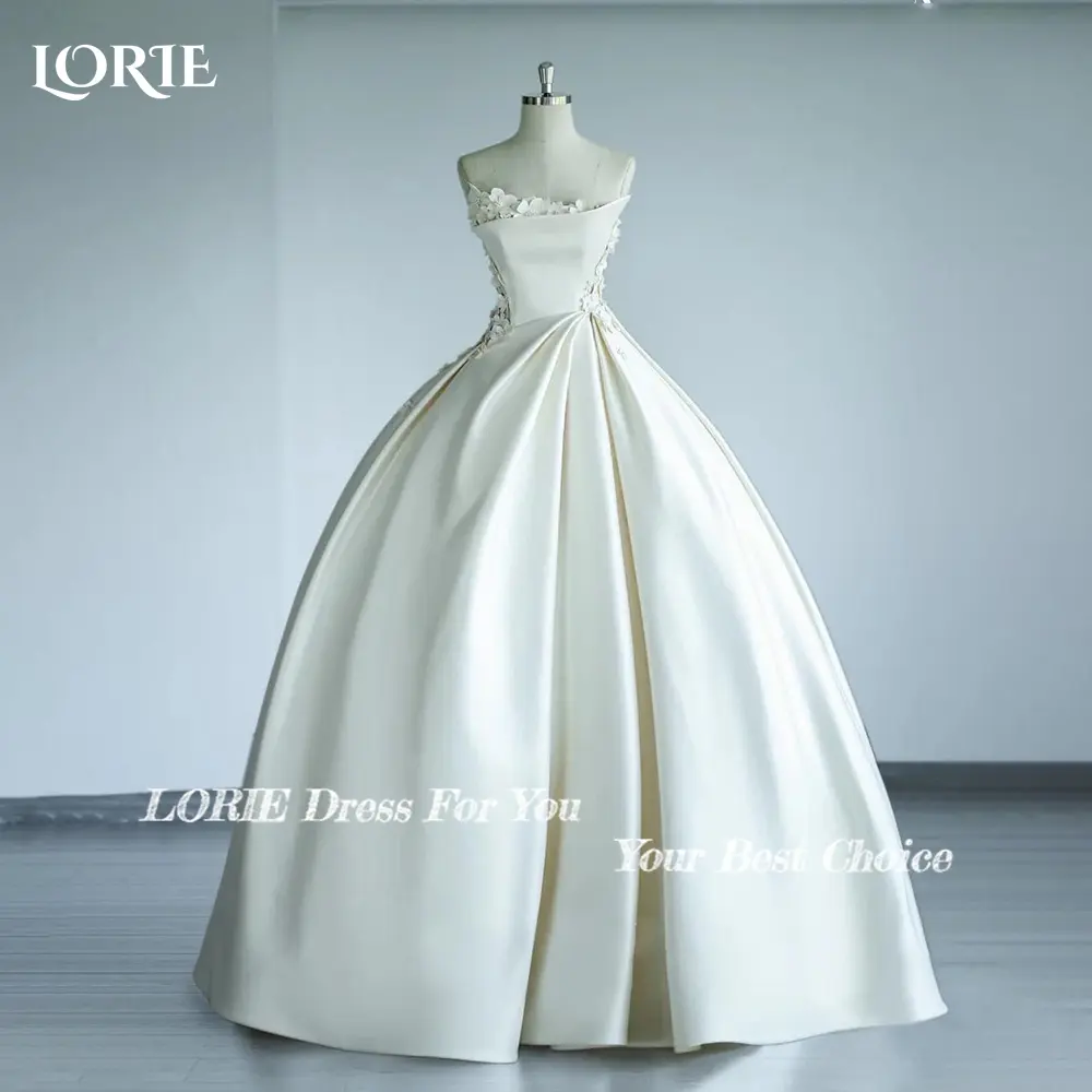 LORIE Elegant Solid Princess Wedding Dresses 3D Flowers Strapless A-Line Princess Bridal Gowns Arabia Pleated Satin Bride Dress