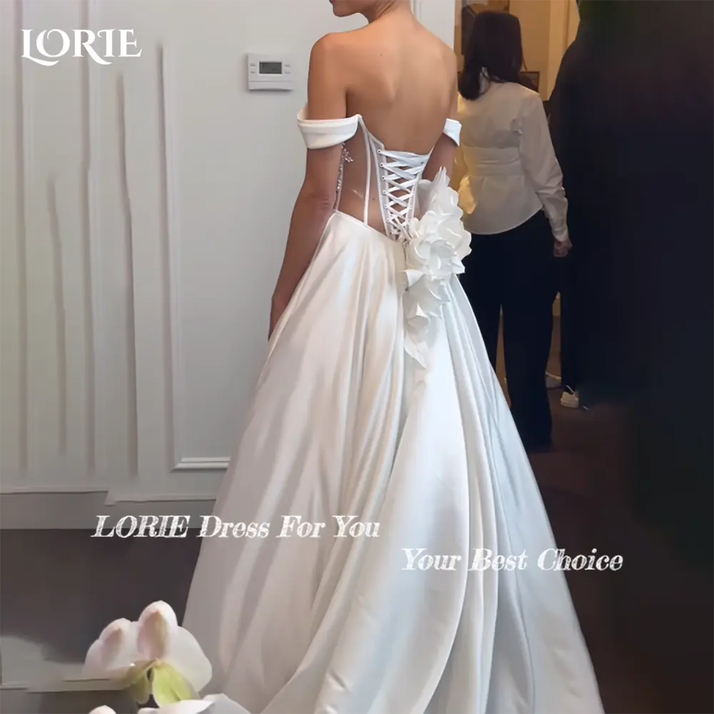 LORIE High Slit Wedding Dress Backless Off-Shoulder Boat Neck Bridal dress Long Ruched lace A-line Bride Wedding Dresses