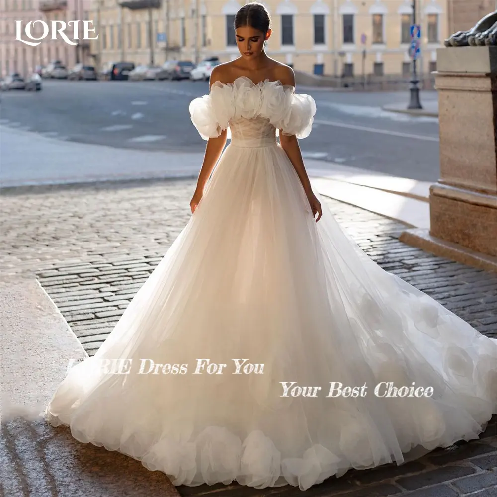 LORIE 3D Flowers Princess Wdding Dresses Ruched Off Shoulder A-Line Pleats Bridal Gowns Backless Train Bride Dress  Customized