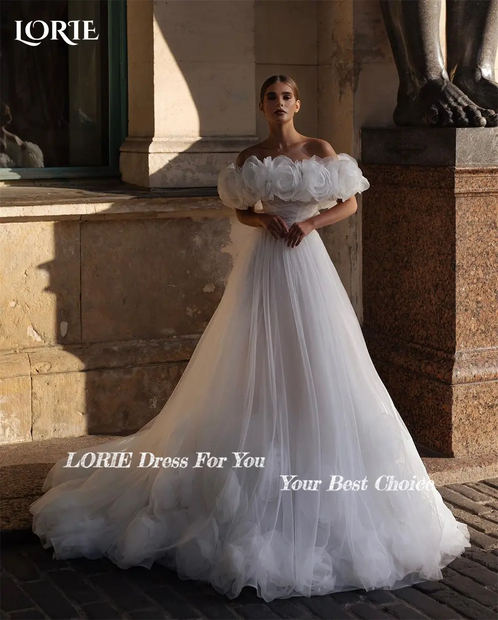 LORIE 3D Flowers Princess Wdding Dresses Ruched Off Shoulder A-Line Pleats Bridal Gowns Backless Train Bride Dress  Customized