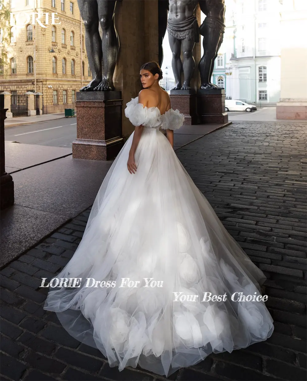 LORIE 3D Flowers Princess Wdding Dresses Ruched Off Shoulder A-Line Pleats Bridal Gowns Backless Train Bride Dress  Customized
