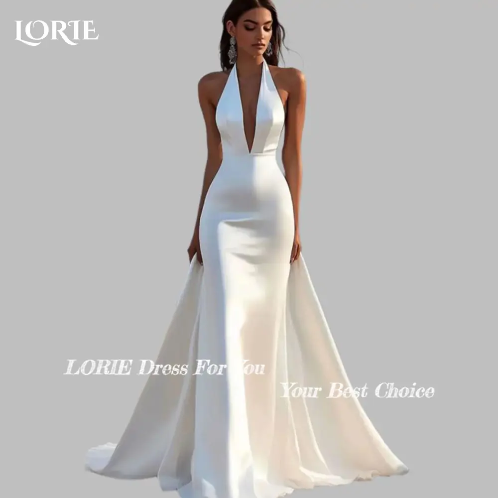 LORIE Halter Mermaid Wedding Dresses Sexy Pleats Deep V Neck Bride Gown Backless Bride Bridal Dress vestidos de novia Customized