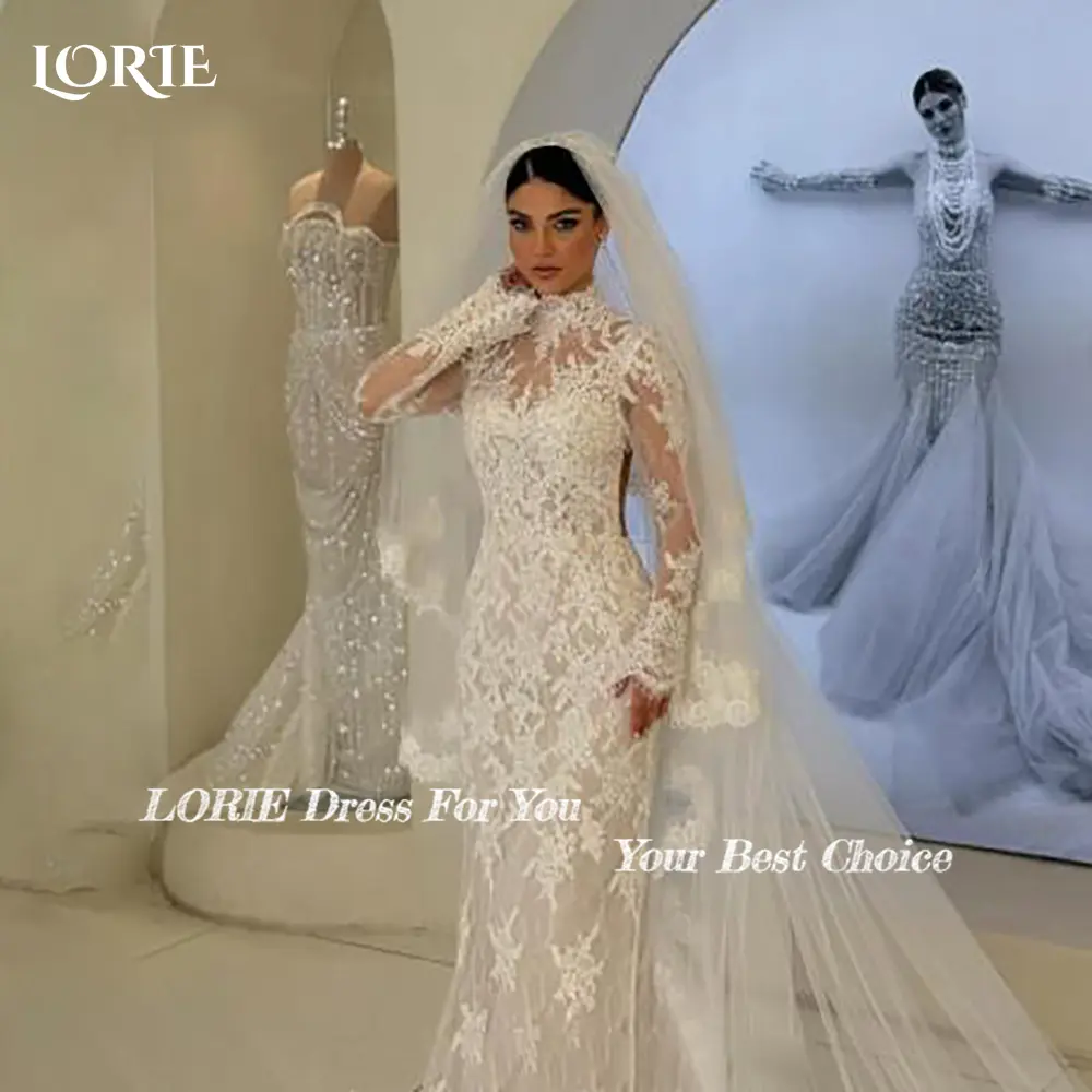 LORIE Lace Beach Wedding Dresses 3D Floral Applique High Collar Detachable Train Mermaid Bridal Gown vestido de novia Customized