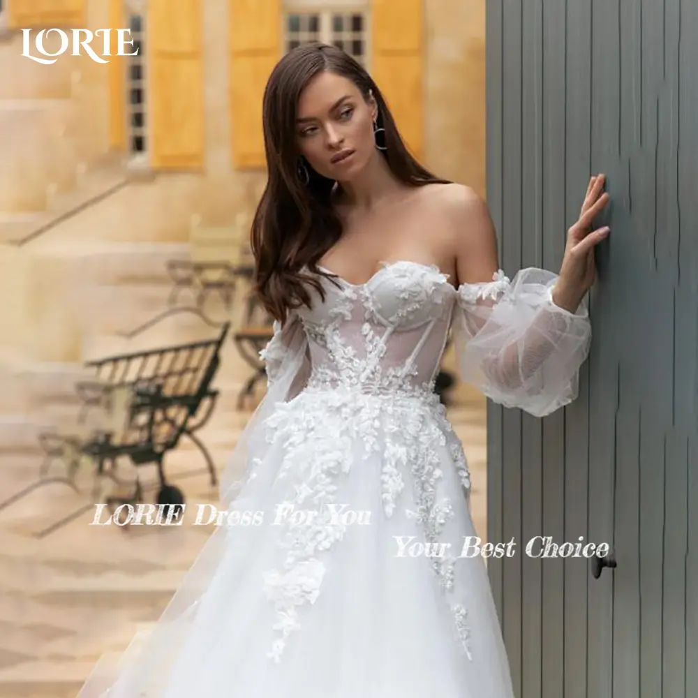 LORIE Puff Sleeve Wedding Dresses with Split Appliques Lace off Shoulder Tulle vestidos de novia Sweetheart Boho Bride Gown 2024