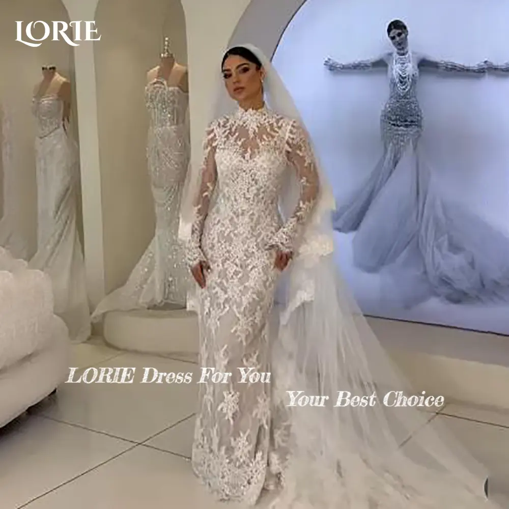 LORIE Lace Beach Wedding Dresses 3D Floral Applique High Collar Detachable Train Mermaid Bridal Gown vestido de novia Customized