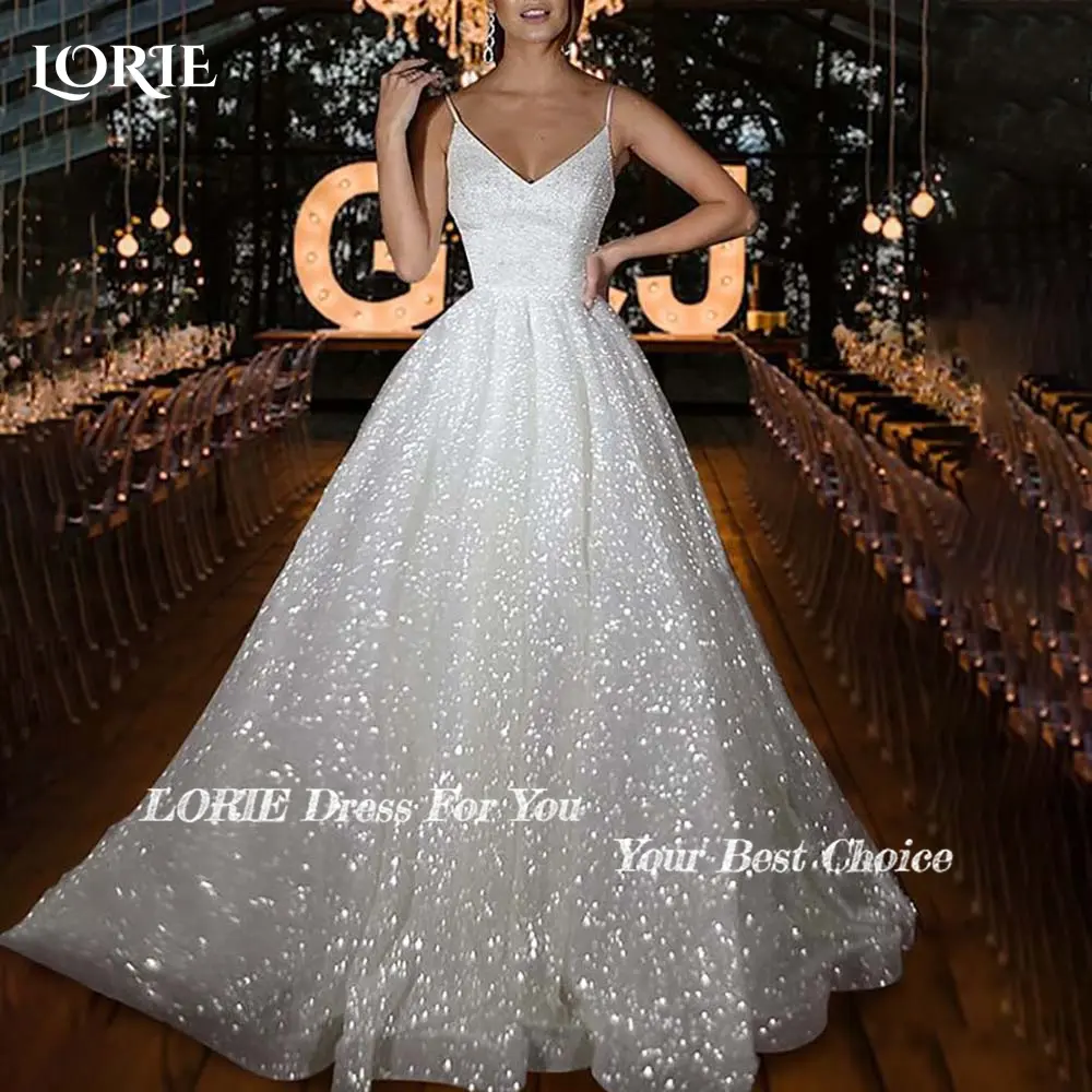 LORIE Glitter Sparkly Wedding Dress v neck tailoring wedding dresses Customized Arabic CustomizedBridal Gown свадебное платье бл