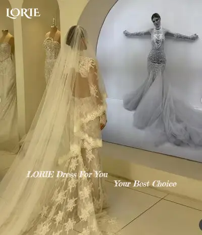 LORIE Lace Beach Wedding Dresses 3D Floral Applique High Collar Detachable Train Mermaid Bridal Gown vestido de novia Customized