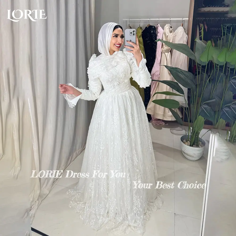 LORIE Lace Muslim Wedding Dresses Applique High Collar Flared Sleeve Church Mermaid Bridal Gown vestido de novia Customized
