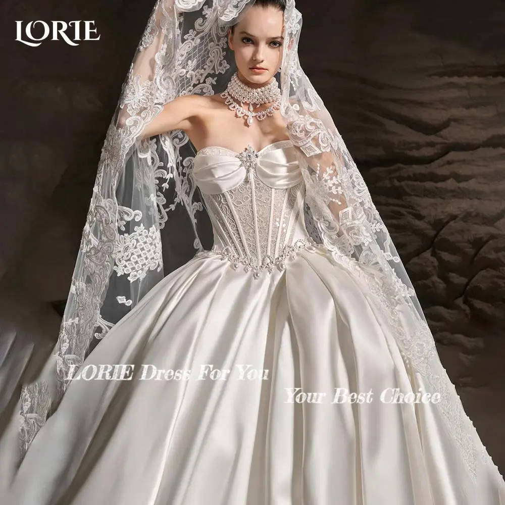 LORIE Elegant Pearls Lace Wedding Dress Satin Bespoke Strapless Backless A-line Bridal Gown Sweep Train Plus Size Bride Dresses