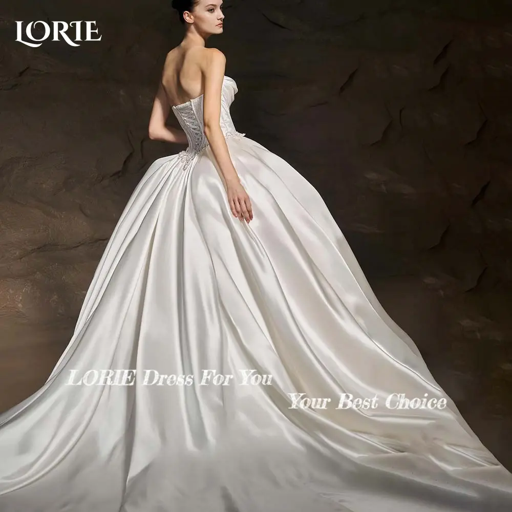LORIE Elegant Pearls Lace Wedding Dress Satin Bespoke Strapless Backless A-line Bridal Gown Sweep Train Plus Size Bride Dresses