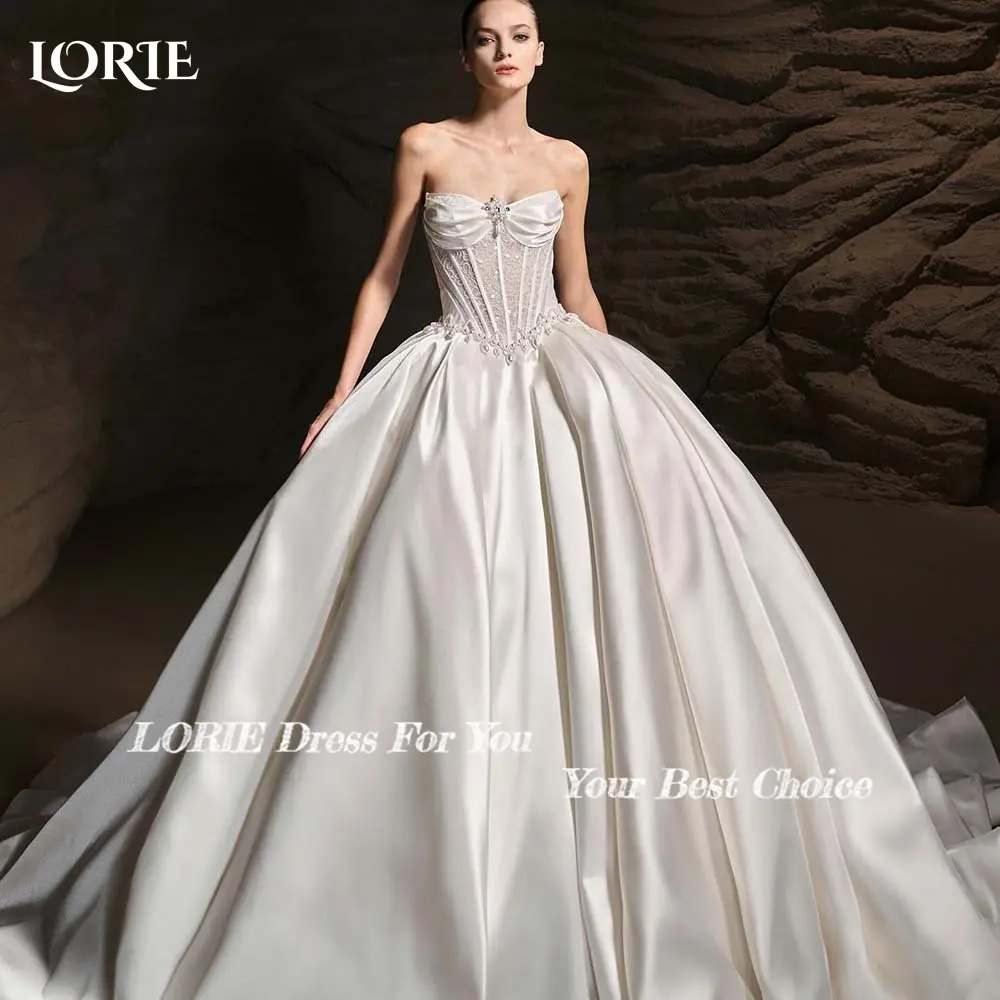 LORIE Elegant Pearls Lace Wedding Dress Satin Bespoke Strapless Backless A-line Bridal Gown Sweep Train Plus Size Bride Dresses