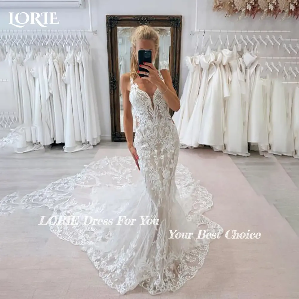 LORIE Boho Mermaid Wedding Dress Lace Appliques Backless Bobycon Bride Dress SPaghetti Straps Sweep Tail Bridal Gowns Customized