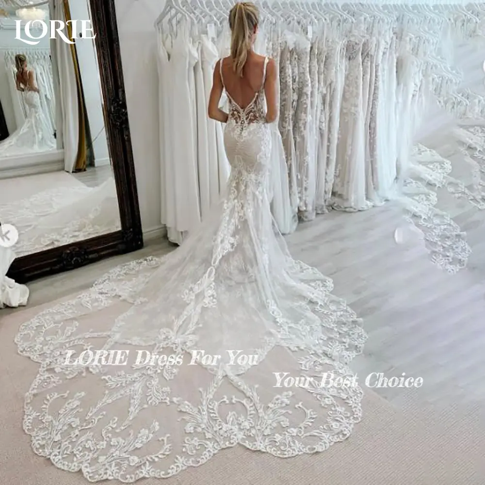 LORIE Boho Mermaid Wedding Dress Lace Appliques Backless Bobycon Bride Dress SPaghetti Straps Sweep Tail Bridal Gowns Customized