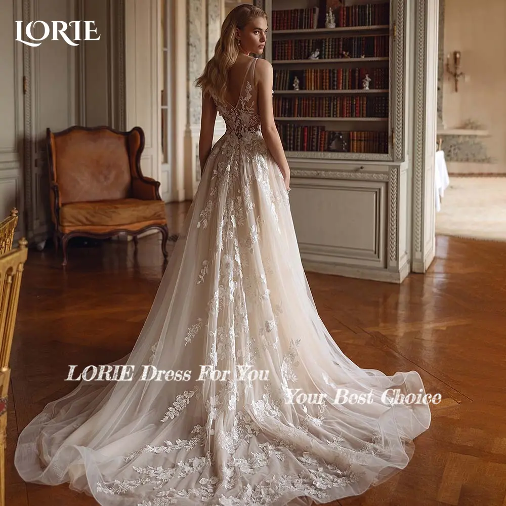 LORIE Bohemia Wedding Dresses Champagne 2024 V-Neck 3D Flower Appliques Lace Bridal Gowns Beach Boho Wedding Dress customized