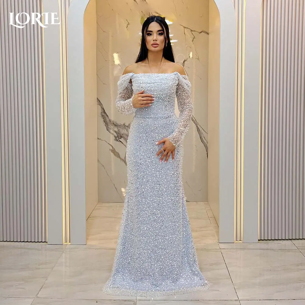 LORIE Sparkly Off Shoulder Wedding Dresses A-Line Shiny Beads Sequins Bridal Dresses Customized Backless Long Sleeve Bride Gowns