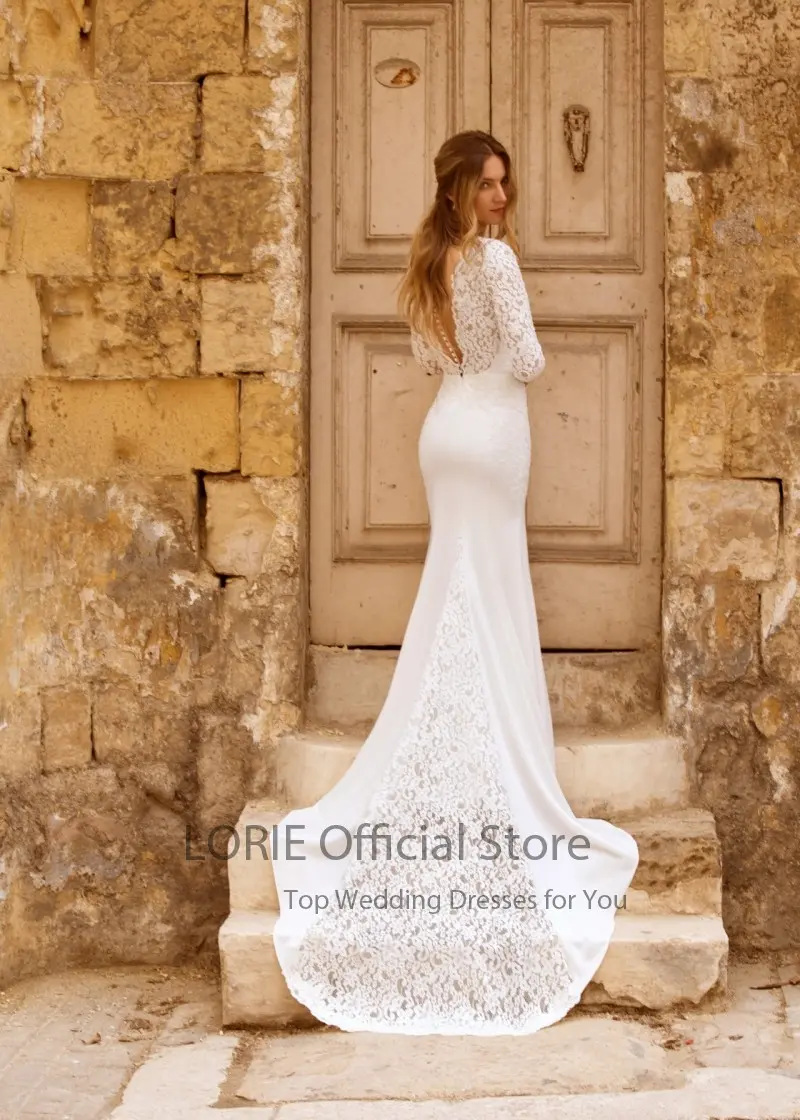 LORIE Wedding Dresses Boho Mermaid V-Neck Lace Long Sleeves Stretchy Chiffon White Ivory Country Bridal Gown suknia ślubna