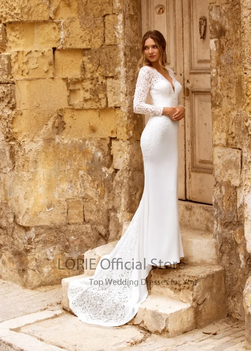 LORIE Wedding Dresses Boho Mermaid V-Neck Lace Long Sleeves Stretchy Chiffon White Ivory Country Bridal Gown suknia ślubna
