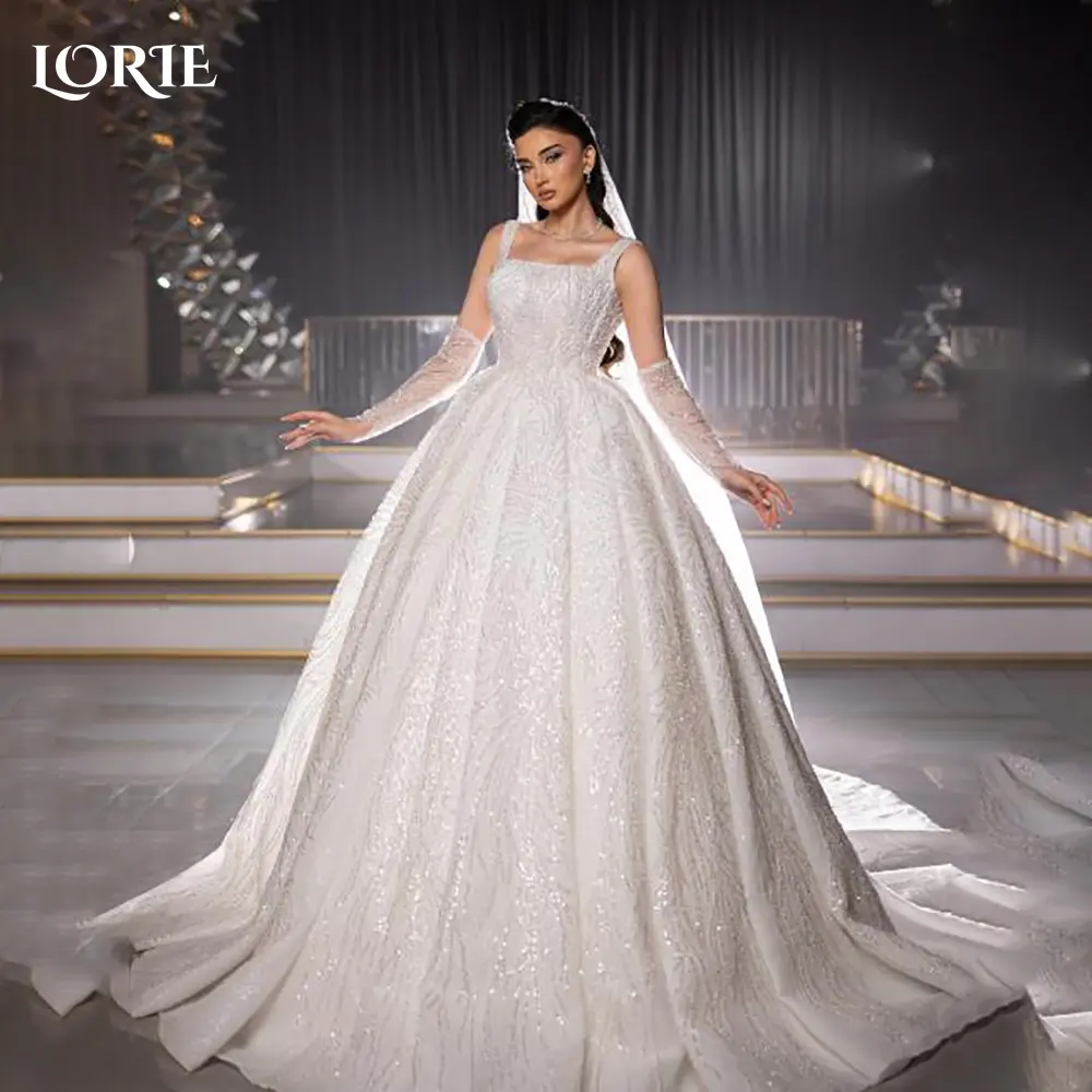 LORIE Empire Glitter Lace Wedding Dresses Shiny Square Neck Princess Sequins Straps Bridal Gown Sparkly Bride Dress Customized