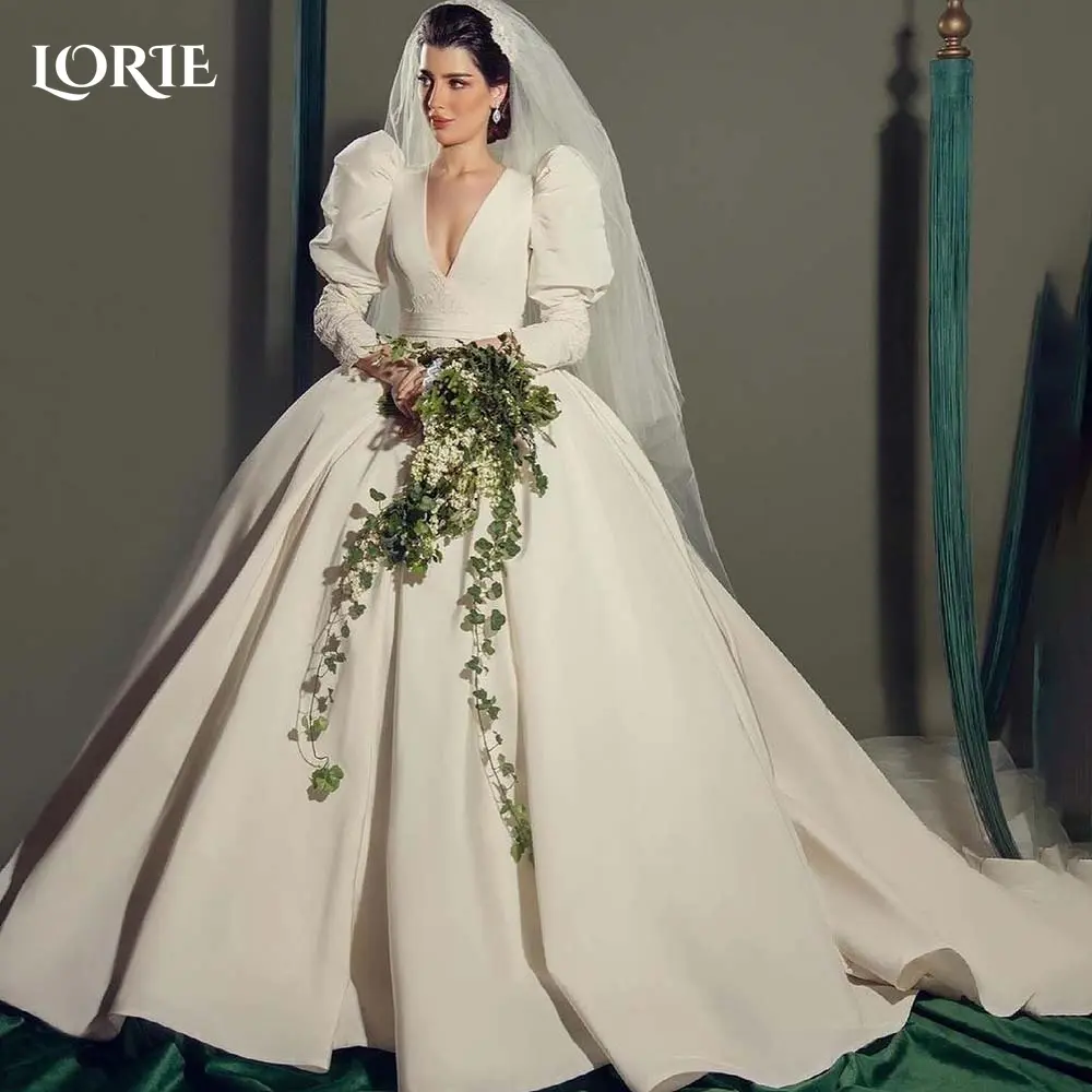 LORIE Royal Wedding Dresses Puff Lace Sleeve A-Line Deep Veck Bridal Dress Customized Elegant Backless Corset Bride Gown Africa