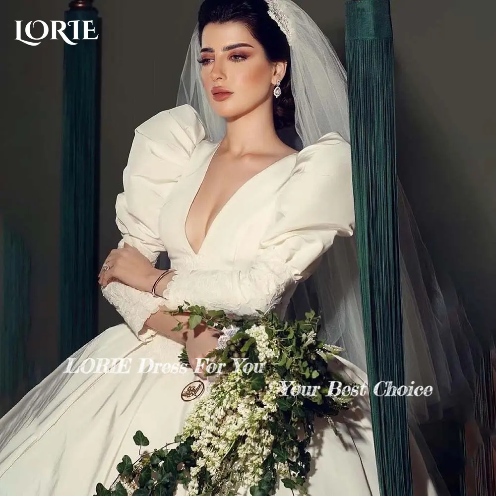 LORIE Royal Wedding Dresses Puff Lace Sleeve A-Line Deep Veck Bridal Dress Customized Elegant Backless Corset Bride Gown Africa