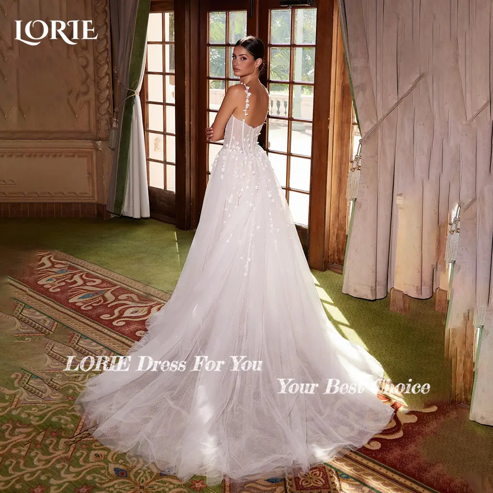 LORIE Graceful Lace Beach Wedding Dresses 3D Floral Appliqued Slit A-Line Bridal Gowns vestido de novia Plus size Customized