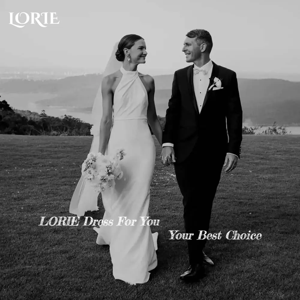 LORIE Solid Wedding Dresses Halter Satin A-Line Evening Prom Dress Simple Customed Backless White Ivory Bride Gowns Lawn Wedding