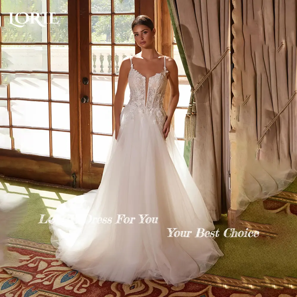 LORIE Graceful Lace Beach Wedding Dresses 3D Floral Appliqued Slit A-Line Bridal Gowns vestido de novia Plus size Customized