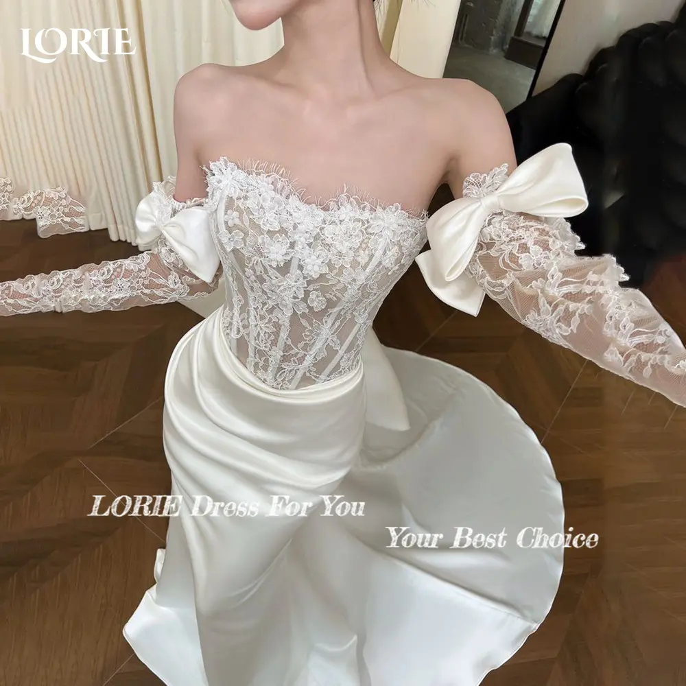 LORIE Lace Beach Wedding Dresses Strapless A-Line Bow  Bride Gown Illusion Princess Bridal Dress vestidos de novia Customized