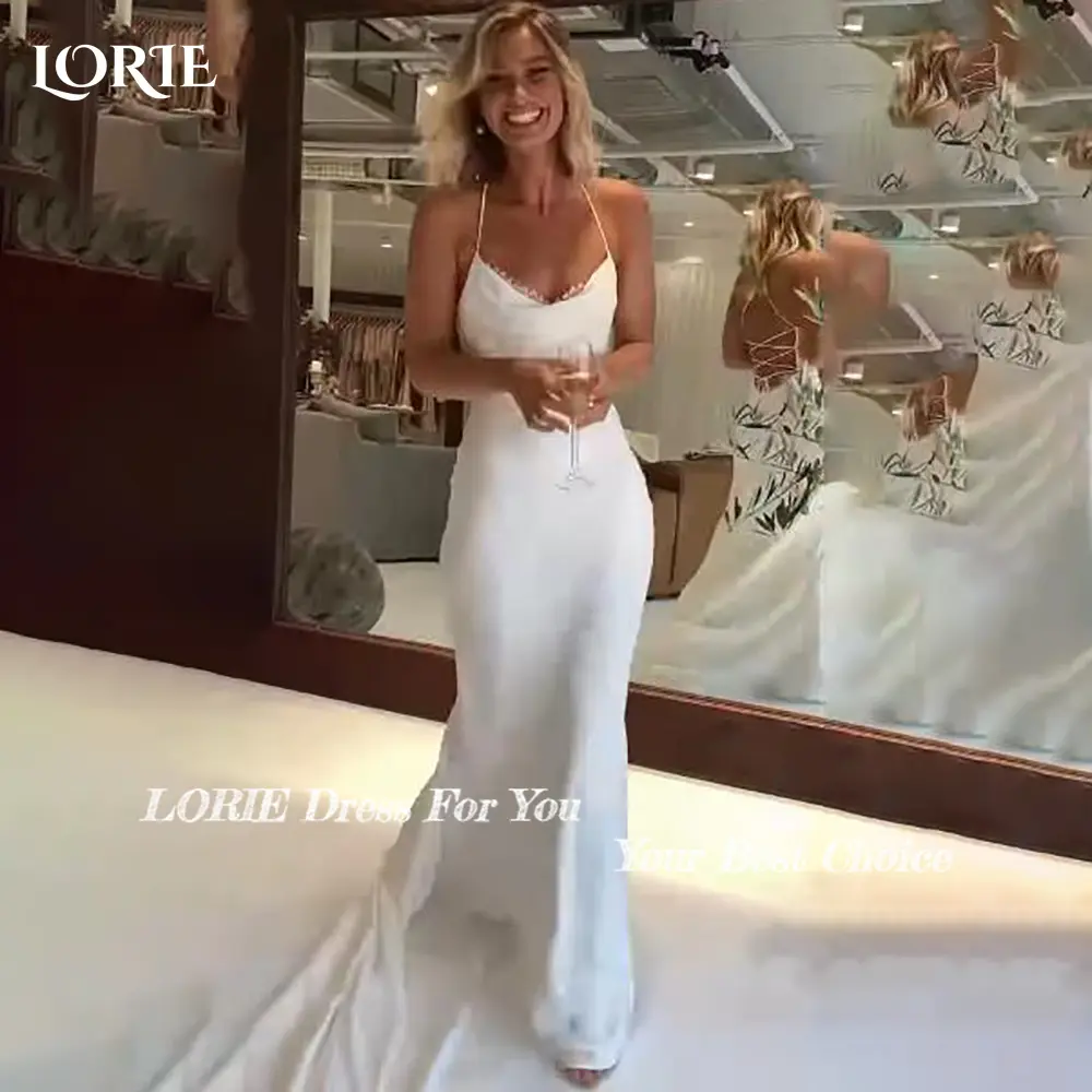 LORIE Elegant Satin Mermaid Wedding Dresses Spaghetti Straps Backless Sexy Beach Bridal Gown Ruffle Ivory Customized Bride Dress