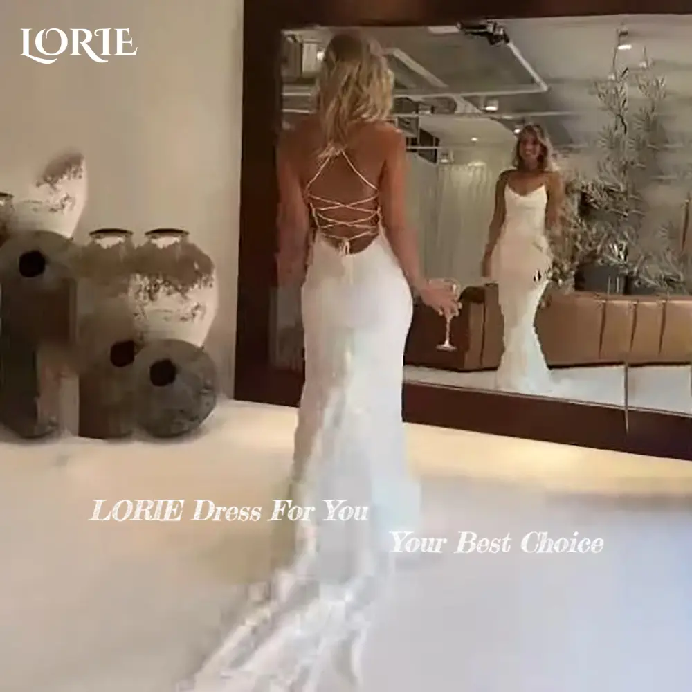 LORIE Elegant Satin Mermaid Wedding Dresses Spaghetti Straps Backless Sexy Beach Bridal Gown Ruffle Ivory Customized Bride Dress