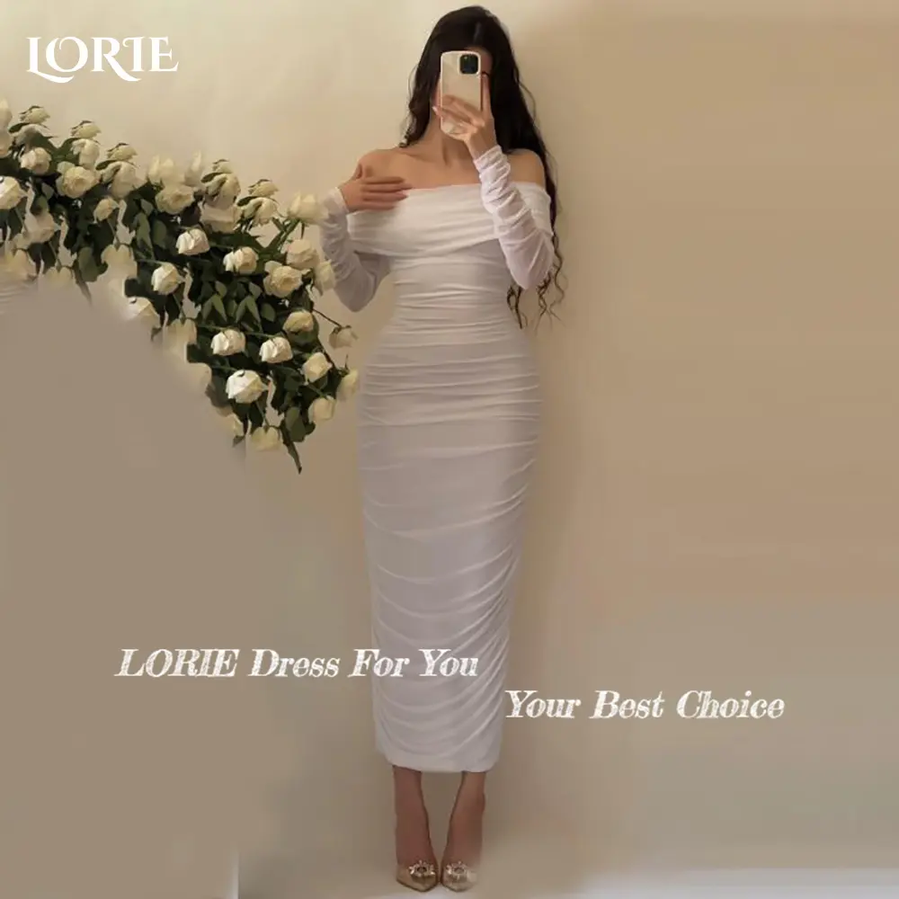 LORIE Beach Wedding Dresses Off Shoulder Pleats Tea Length Mermaid Bride Gown Long Sleeves Tulle Illsion Bridal Dress Customized