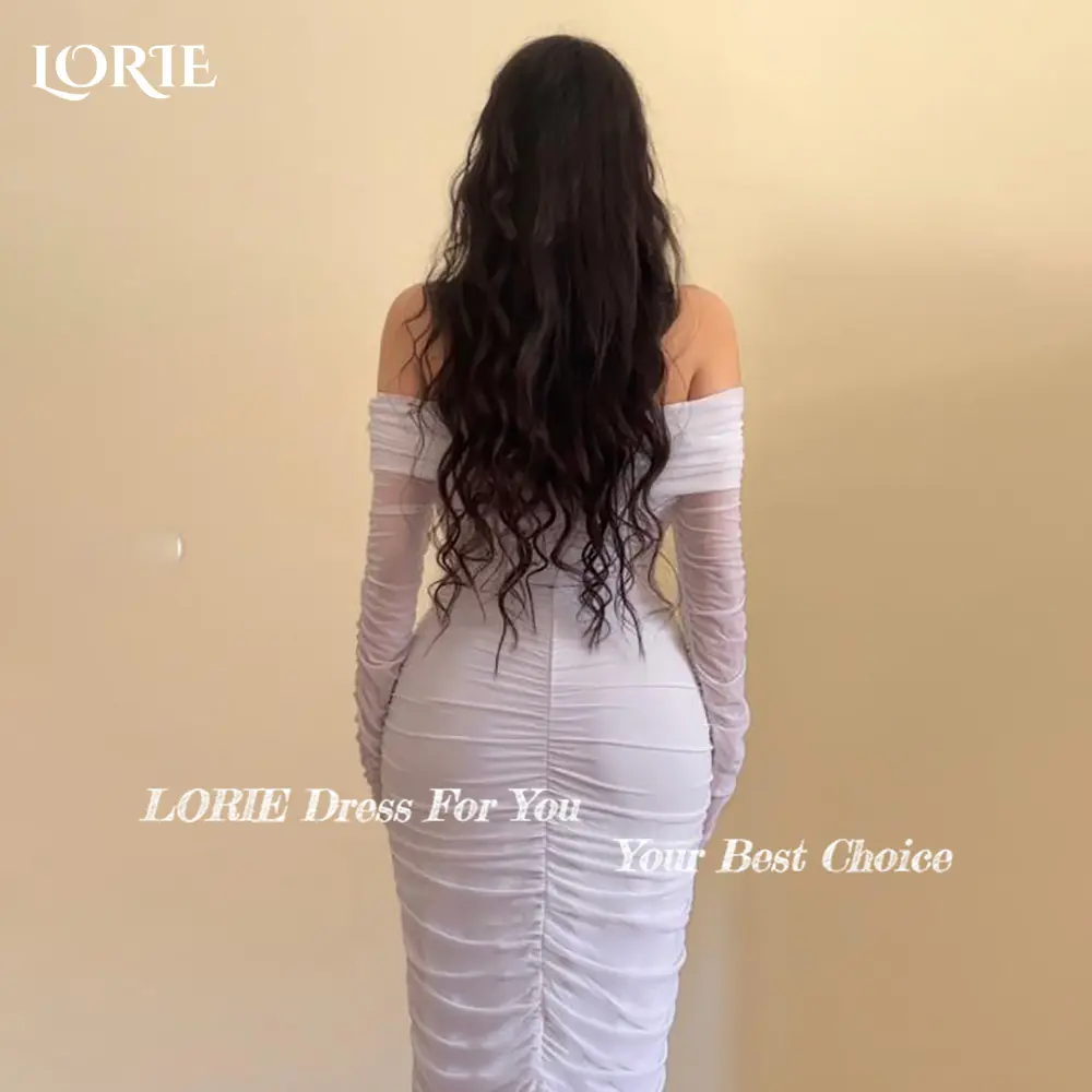 LORIE Beach Wedding Dresses Off Shoulder Pleats Tea Length Mermaid Bride Gown Long Sleeves Tulle Illsion Bridal Dress Customized