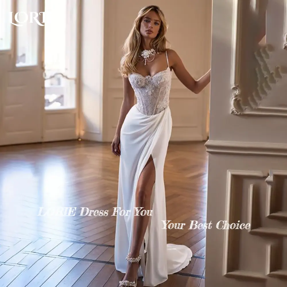 LORIE Lace Beach Wedding Dresses Strapless A-Line Satin Bride Gown Illusion Princess Bridal Dress vestidos de novia Customized
