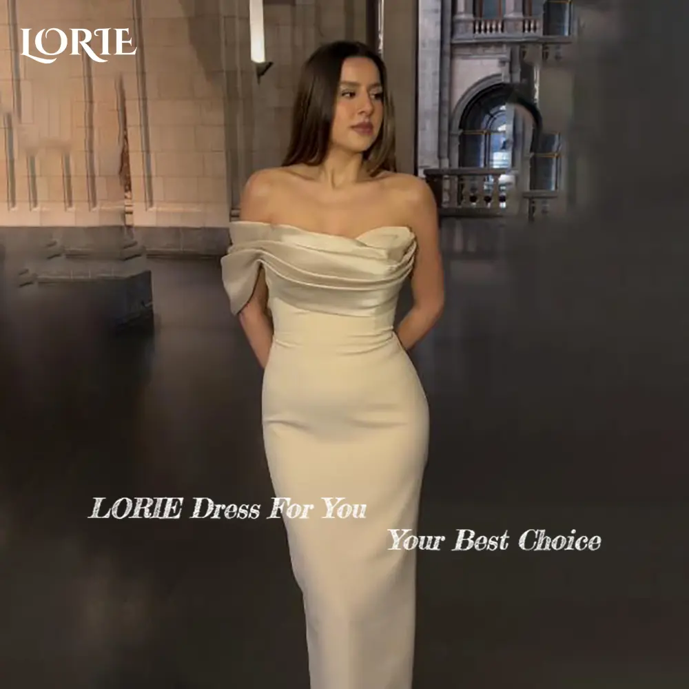 LORIE Lace Beach Wedding Dresses Off Shoulder A-Line Satin Bride Gown Pleats Princess Bridal Dress vestidos de novia Customized
