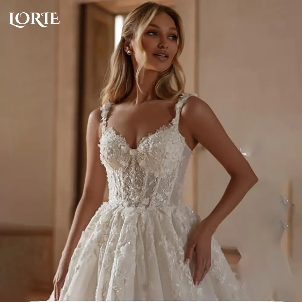 LORIE Graceful Lace Beach Wedding Dresses 3D Floral Appliqued Slit A-Line Bridal Gowns vestido de novia Plus size Customized