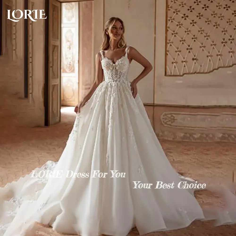 LORIE Graceful Lace Beach Wedding Dresses 3D Floral Appliqued Slit A-Line Bridal Gowns vestido de novia Plus size Customized