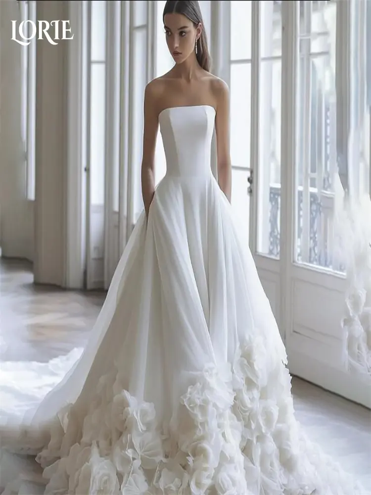 LORIE 3D Flowers Wedding Dress Boat Neck A-line Ruched Bride Gown Strapless Customized Illusion Bridal Gown vestidos de novia